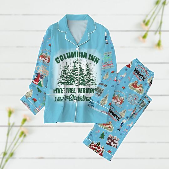 White Christmas Pajamas Set, Columbia Inn Pine Tree Vermont Pajamas