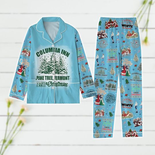 White Christmas Pajamas Set, Columbia Inn Pine Tree Vermont Pajamas