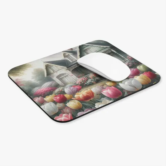Rectangle Shabby Chic House Mouse Pad with Tulip Flower Design