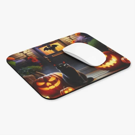 Halloween Black Cat on Front Porch Rectangle Mouse Pad