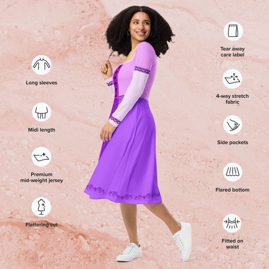 Purple Princess Long Sleeve Midi Dress