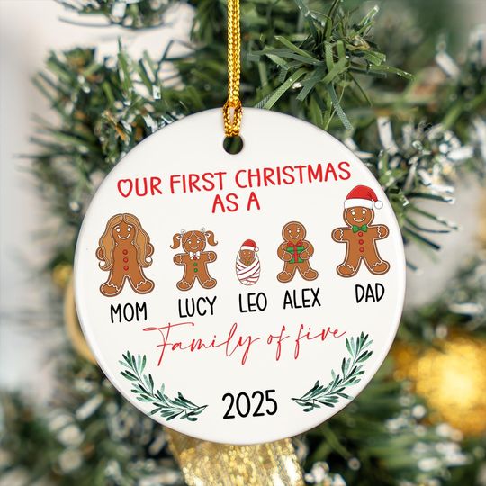 Personalized Family of 5 Christmas Gingerbread Ornament, Our First Christmas Keepsake