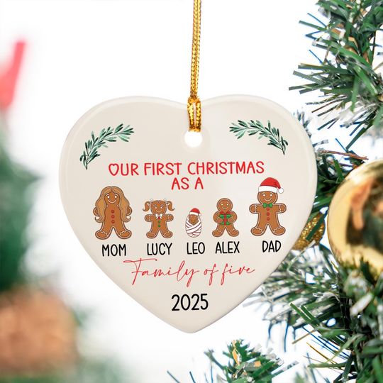 Personalized Family of 5 Christmas Gingerbread Ornament, Our First Christmas Keepsake
