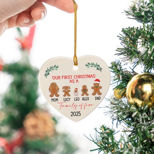 Personalized Family of 5 Christmas Gingerbread Ornament, Our First Christmas Keepsake