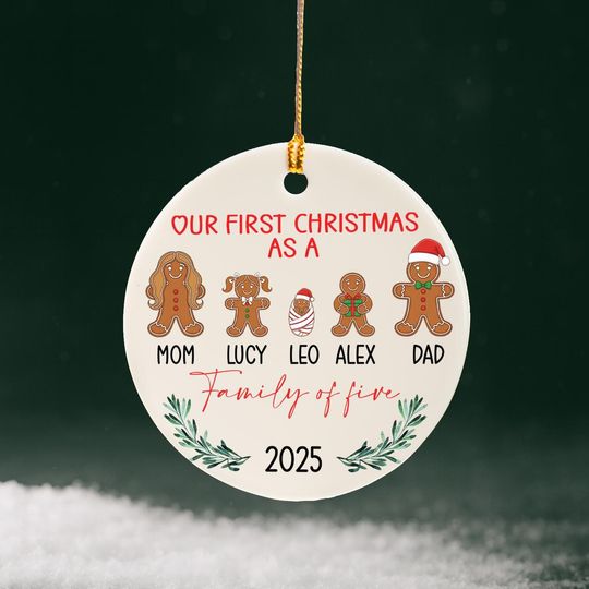 Personalized Family of 5 Christmas Gingerbread Ornament, Our First Christmas Keepsake