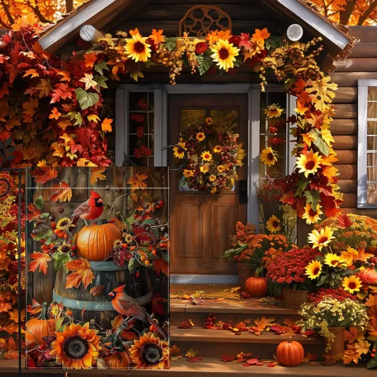 Cardinal Red Garden Flag Double Sided Burlap Fall Pumpkin Sunflower