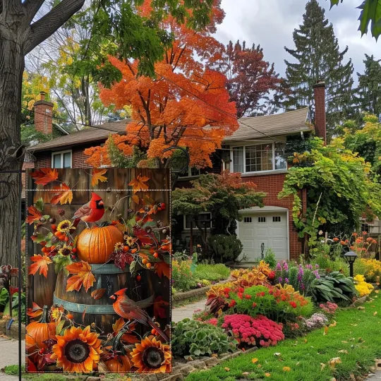 Cardinal Red Garden Flag Double Sided Burlap Fall Pumpkin Sunflower