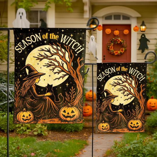 Witch & Cat Halloween Garden Flag: Spooky Autumn Decor