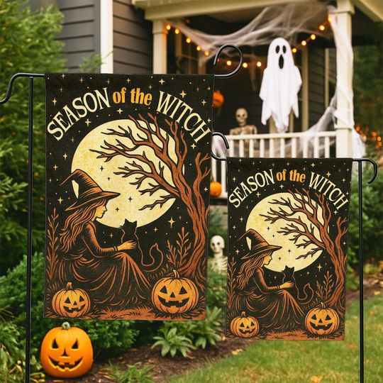 Witch & Cat Halloween Garden Flag: Spooky Autumn Decor