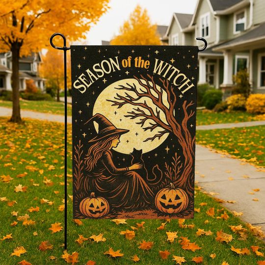 Witch & Cat Halloween Garden Flag: Spooky Autumn Decor