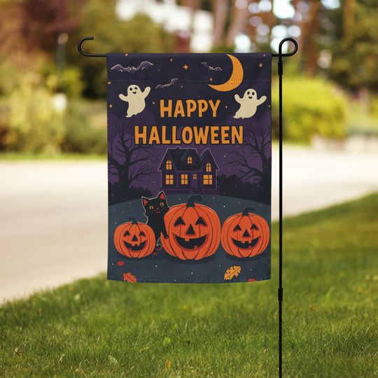 Halloween Garden Flag: Ghosts, Cat, Pumpkins - 12x17 Fall Decor