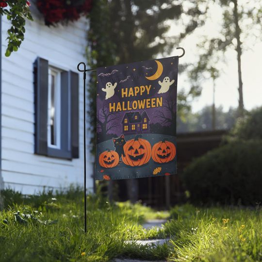 Halloween Garden Flag: Ghosts, Cat, Pumpkins - 12x17 Fall Decor