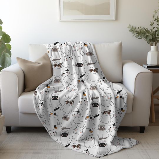 Halloween Cute Ghost Cat Blanket, Kawaii Cat Halloween, Spooky Black Cat, Ghost Blanket, Cat Lover Gift, Dorm Room Decor, Cozy Fall Bedding
