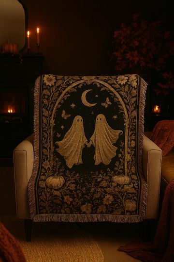 Ghost Woven Blanket: Gothic Boho Tapestry Throw, Black & Gold Floral