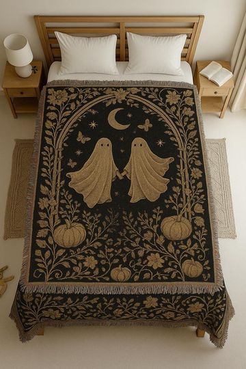 Ghost Woven Blanket: Gothic Boho Tapestry Throw, Black & Gold Floral
