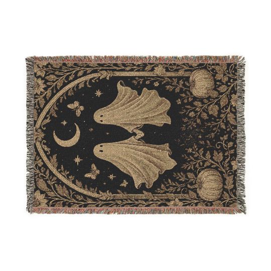 Ghost Woven Blanket: Gothic Boho Tapestry Throw, Black & Gold Floral