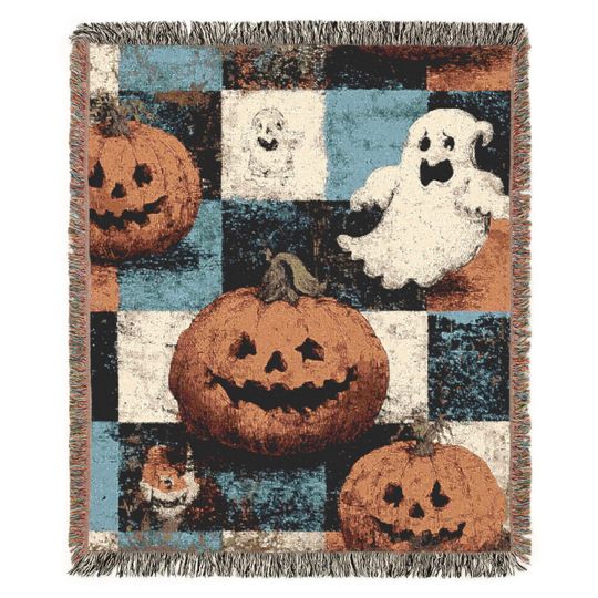 Halloween Woven Blanket: Grunge Checkered Pumpkin & Ghost Decor