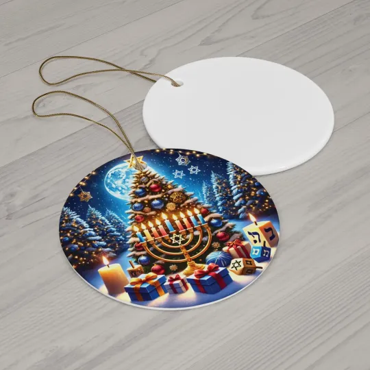 Interfaith Hanukkah and Christmas Ceramic Ornament
