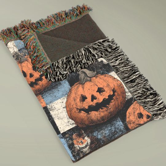 Halloween Woven Blanket: Grunge Checkered Pumpkin & Ghost Decor