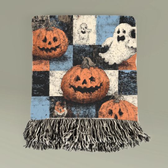 Halloween Woven Blanket: Grunge Checkered Pumpkin & Ghost Decor