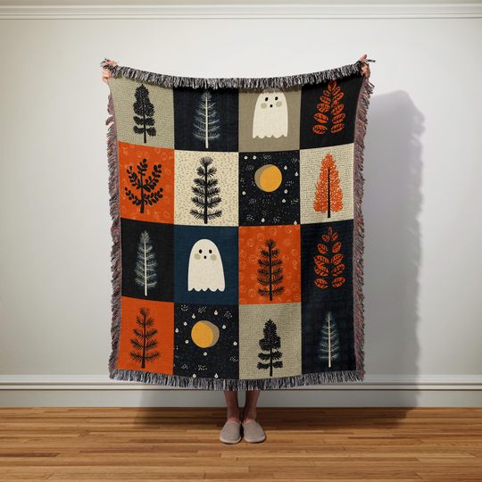 Ghost Forest Woven Blanket: Halloween Cottagecore Tapestry