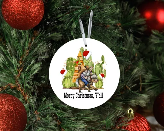Merry Christmas Y'all Cactus Ceramic Ornament, Tree Decoration
