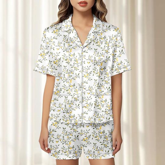 Lemon Satin Pajamas Short Set, Women Soft Sleepwear, Botanical Citrus Print Matching Pjs, Lightweight Summer Loungewear, Gift For Her