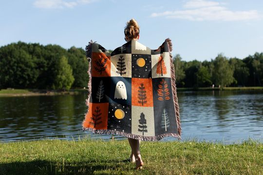 Ghost Forest Woven Blanket: Halloween Cottagecore Tapestry