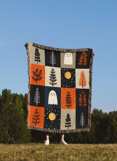 Ghost Forest Woven Blanket: Halloween Cottagecore Tapestry