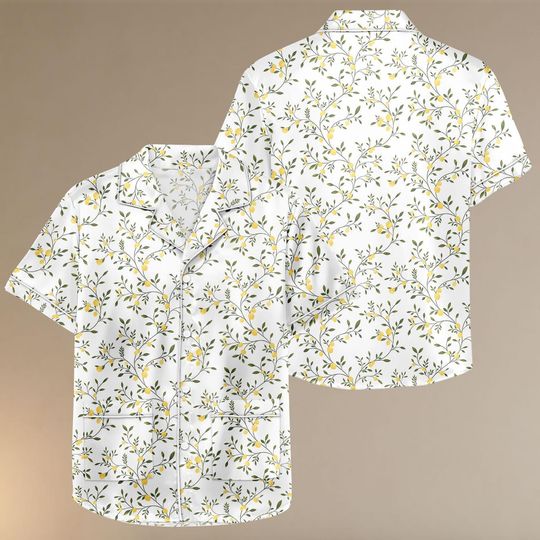 Lemon Satin Pajamas Short Set, Women Soft Sleepwear, Botanical Citrus Print Matching Pjs, Lightweight Summer Loungewear, Gift For Her