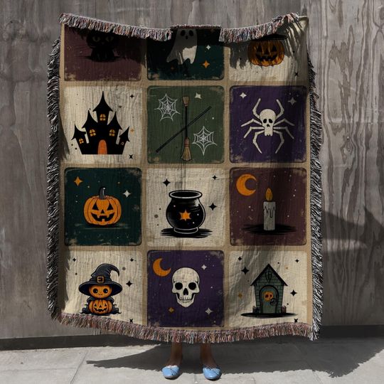 Halloween Woven Throw Blanket: Whimsigoth Patchwork, Spooky Season Decor