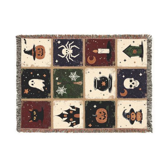 Halloween Woven Throw Blanket: Whimsigoth Patchwork, Spooky Season Decor
