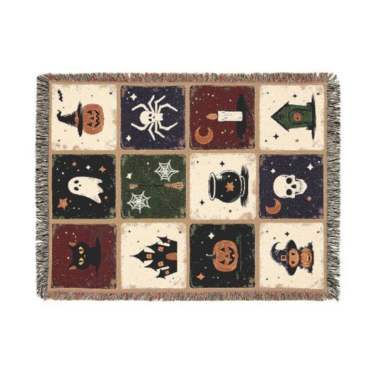 Halloween Woven Throw Blanket: Whimsigoth Patchwork, Spooky Season Decor