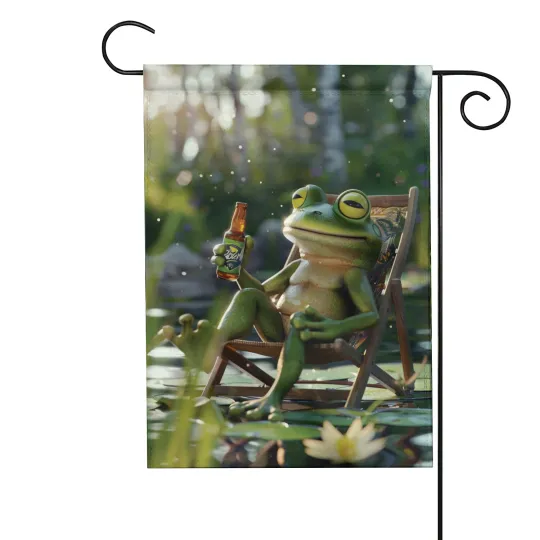 Funny Frog Drinking Beer Flag, Groovy Drunker Frog Flag, Frog Welcome Flag