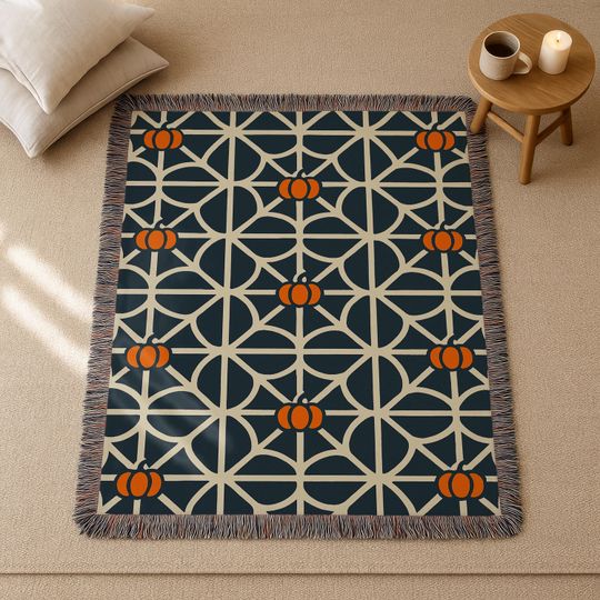Gothic Halloween Woven Blanket, Spiderweb Patchwork Throw with Pumpkins, Cozy Spooky Home Dcor, Halloween Blanket, Halloween Throw,