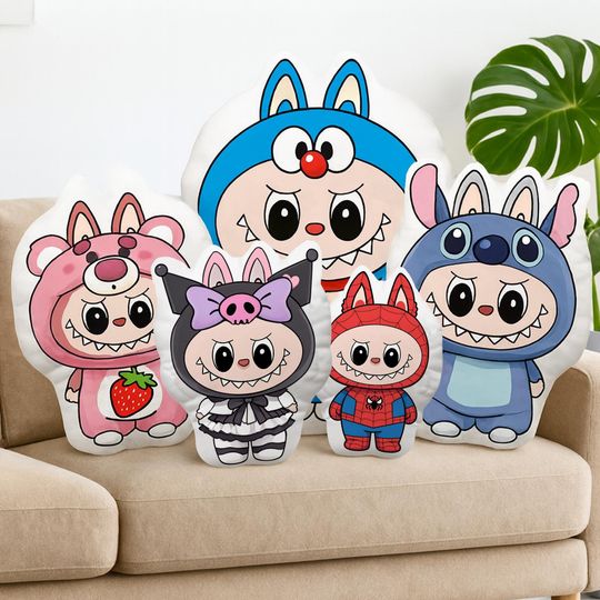 Cute Spiderman Kuromi Doraemon Labubu Plush Pillow, Double Sided Strawberry Bear Cushion, Cartoon Doll Toy, Gift for Kids & Friends
