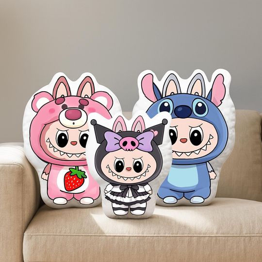 Cute Spiderman Kuromi Doraemon Labubu Plush Pillow, Double Sided Strawberry Bear Cushion, Cartoon Doll Toy, Gift for Kids & Friends