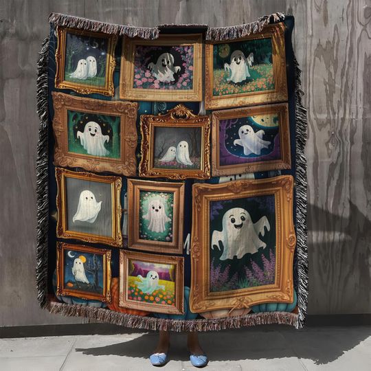 Retro Halloween Ghost Woven Throw Blanket: Spooky Gothic Home Decor
