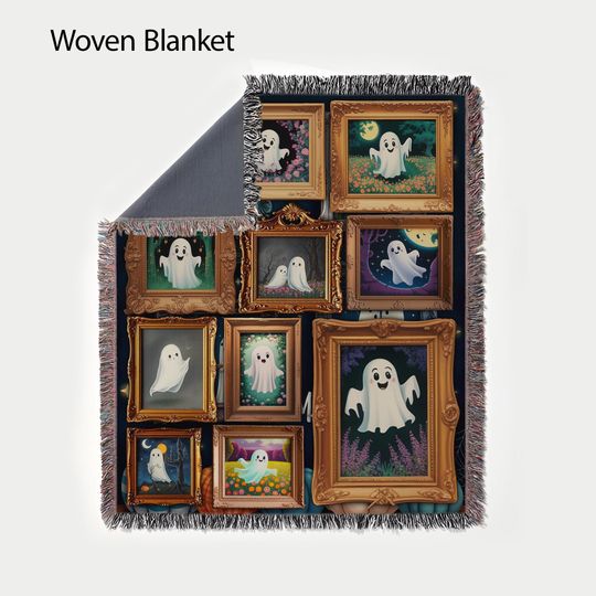 Retro Halloween Ghost Woven Throw Blanket: Spooky Gothic Home Decor