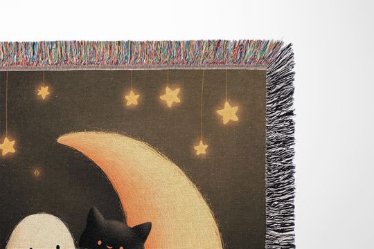Celestial Ghost and Cat Woven Blanket: Starry Halloween Nursery Throw