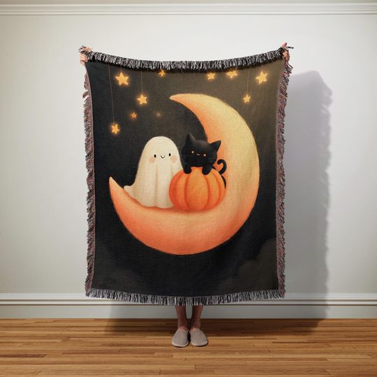 Celestial Ghost and Cat Woven Blanket: Starry Halloween Nursery Throw