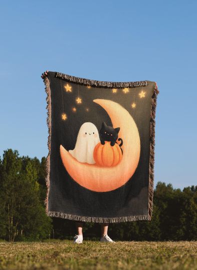 Celestial Ghost and Cat Woven Blanket: Starry Halloween Nursery Throw