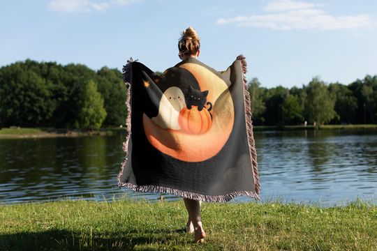 Celestial Ghost and Cat Woven Blanket: Starry Halloween Nursery Throw