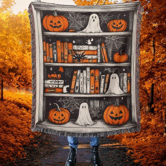 Halloween Bookshelf Woven Throw Blanket: Spooky Cottagecore Decor