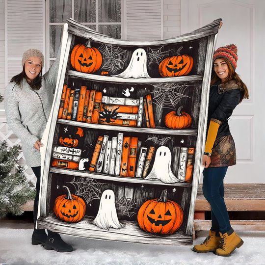 Halloween Bookshelf Woven Throw Blanket: Spooky Cottagecore Decor