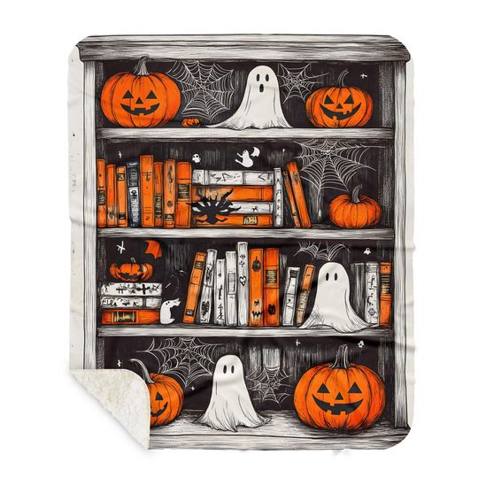 Halloween Bookshelf Woven Throw Blanket: Spooky Cottagecore Decor