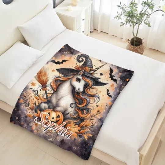 Halloween Unicorn Blanket Custom Name, Personalized Pumpkin Witch Throw Gift
