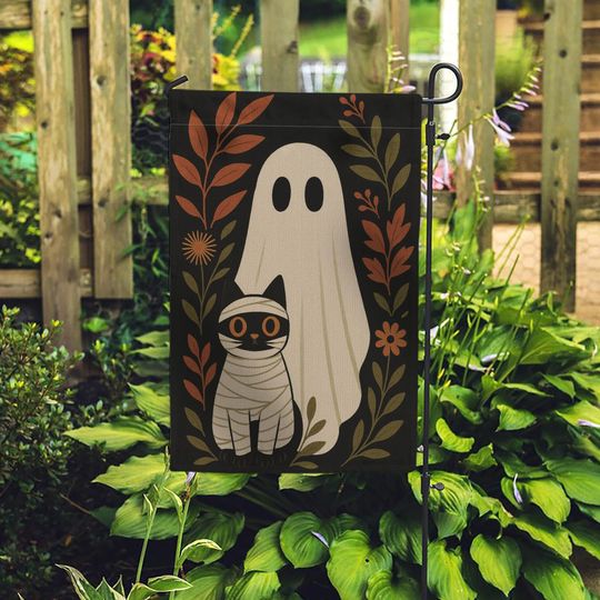 Halloween Garden Flag: Ghost and Mummy Cat Decor