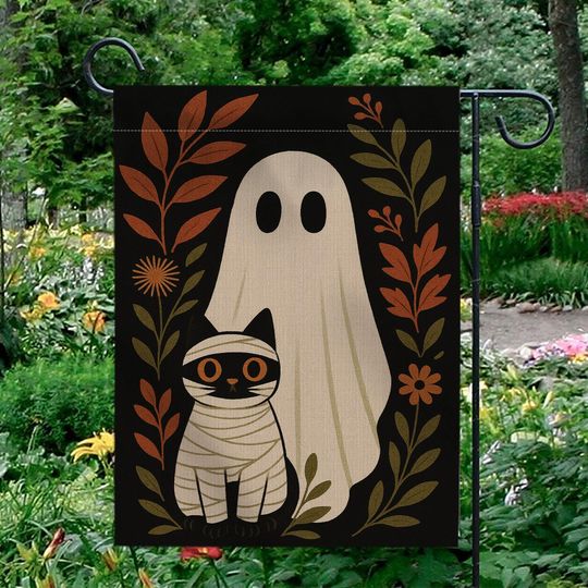 Halloween Garden Flag: Ghost and Mummy Cat Decor