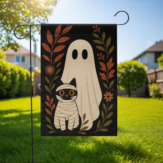 Halloween Garden Flag: Ghost and Mummy Cat Decor